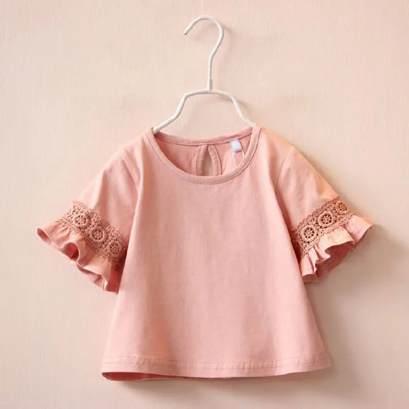 Top Trends: Girls Baby T-shirt Round Neck Lace Trumpet Sleeve Short Sleeve Girls T-shirt Solid Color Tops Summer New Children Clothing Shoppable Styles