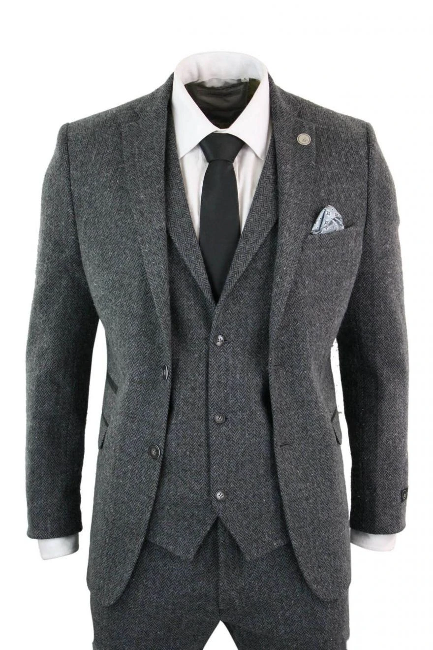 Top Trends: Grey 3 Piece Wedding Tuxedos Notched Lapel Two Buttons Herringbone Tweed Formal Men Suits Custom Made Peaky Blinders Bridegroom Shoppable Styles