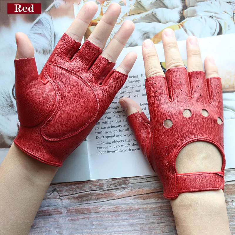 Top Trends: Leather Half-Finger Gloves Female Fitness Fashion Driver Driving Single-Layer Unlined Hollow Short Motorcycle Riding Gloves Shoppable Styles - Image 4