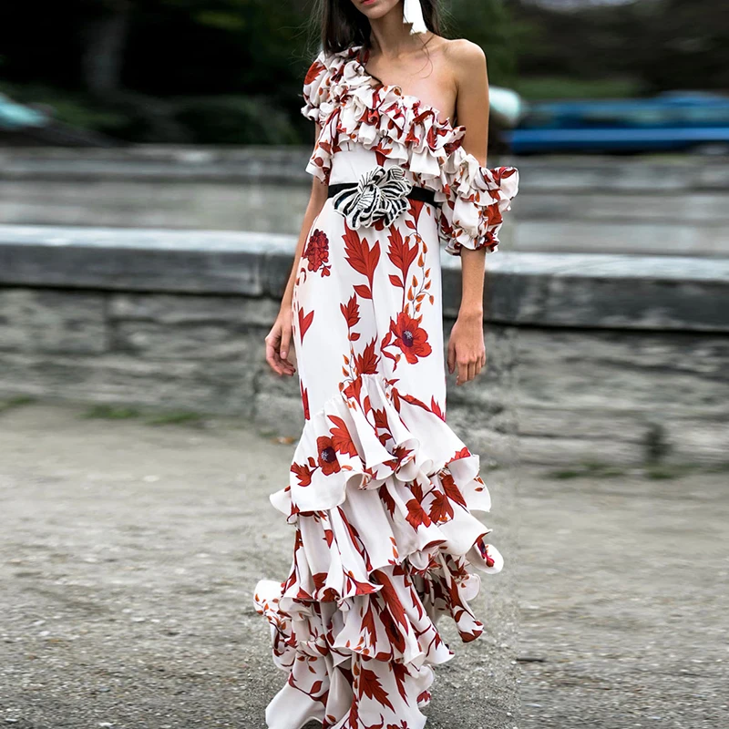 Top Trends: HIGH STREET New Summer 2024 Fashion Women's Elegant Cascading Ruffles Floral Print Slash Neck Beach Holiday Maxi Long Dress Shoppable Styles