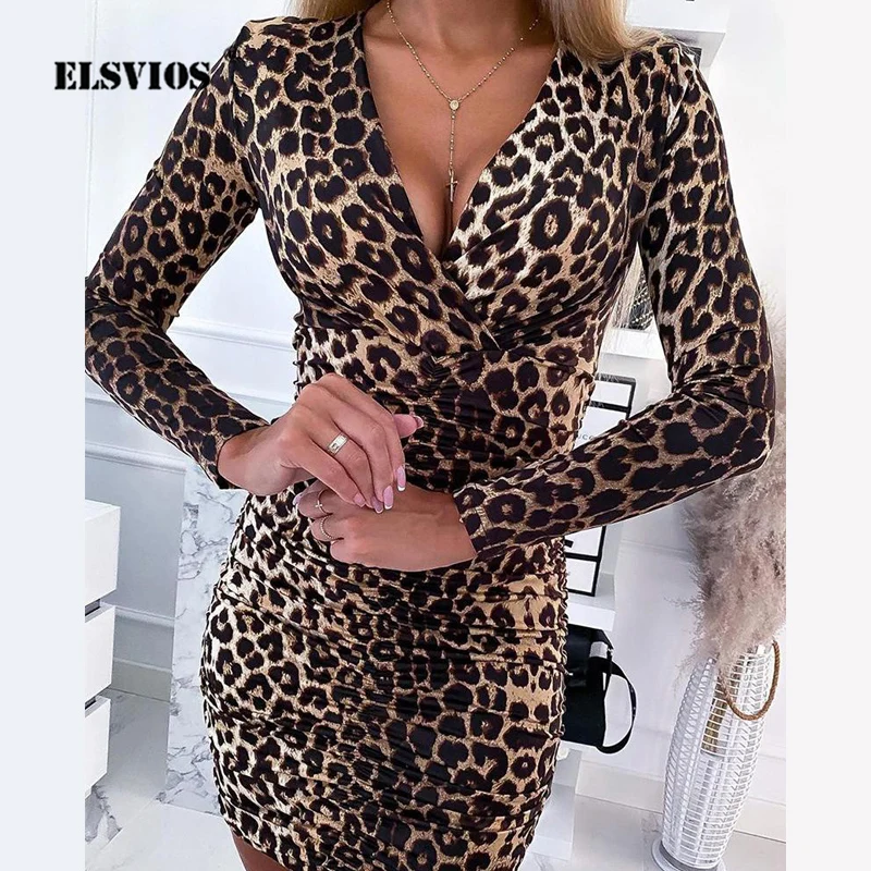 Top Trends: Vestidos Lady Sexy V Neck Long Sleeve Mini Dress Elegant Leopard Print Folds Short Dress Autumn Women Slim Bodycon Party Dresses Shoppable Styles