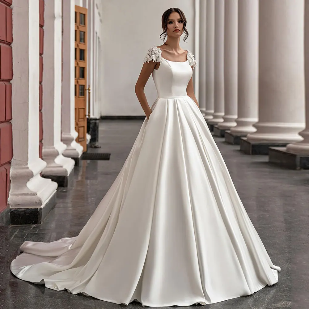 Top Trends: Satin Wedding Dress For Women Elegant Cap Sleeve Scoop Neck Flowers Court Train A Line Bridal Gown With Pockets Robe De Mariee Shoppable Styles