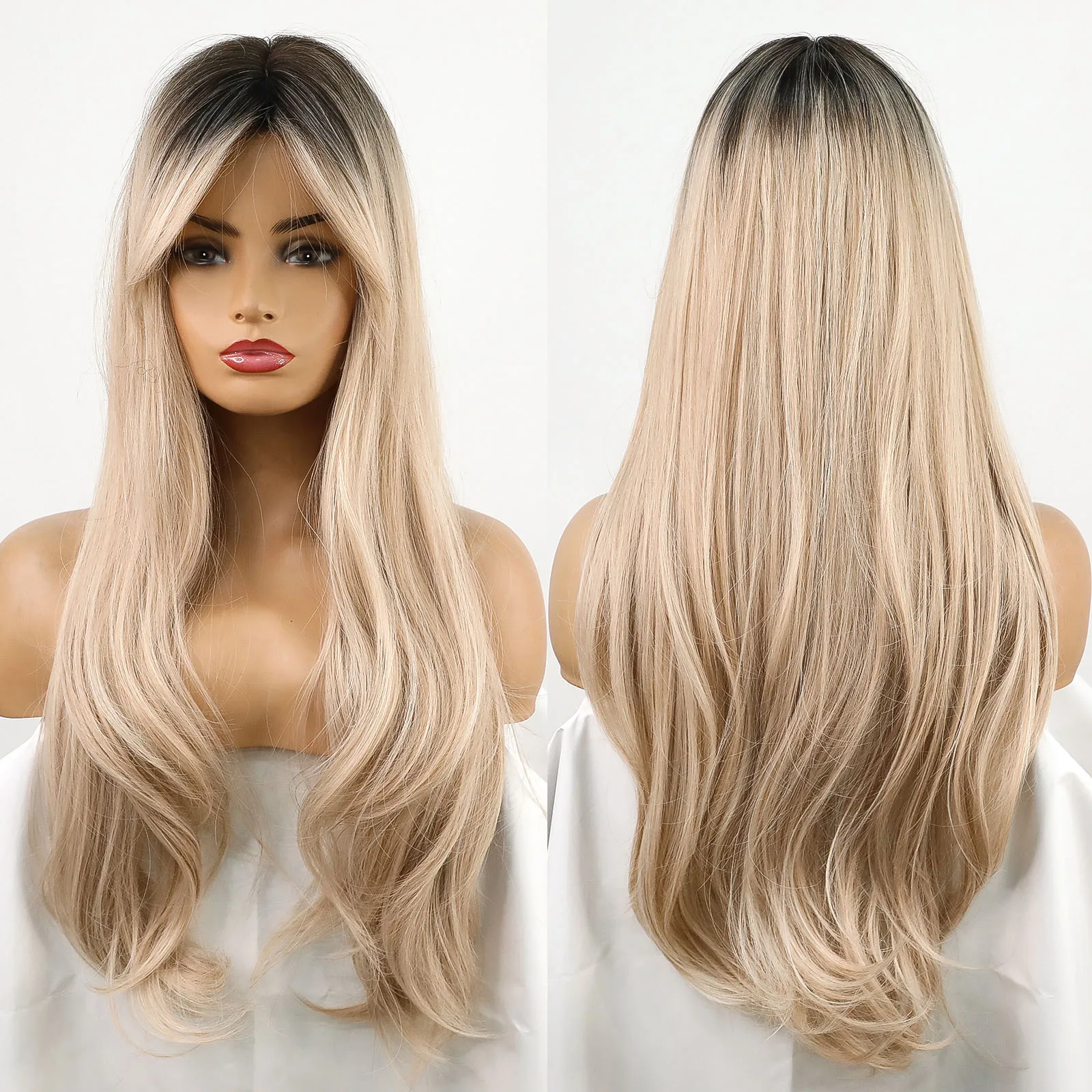 Top Trends: Long Wave Synthetic Wigs Ombre Black Blonde Wig With Side Bangs Heat Resistant Fiber Daily Party Hair Cosplay Wigs For Women Shoppable Styles