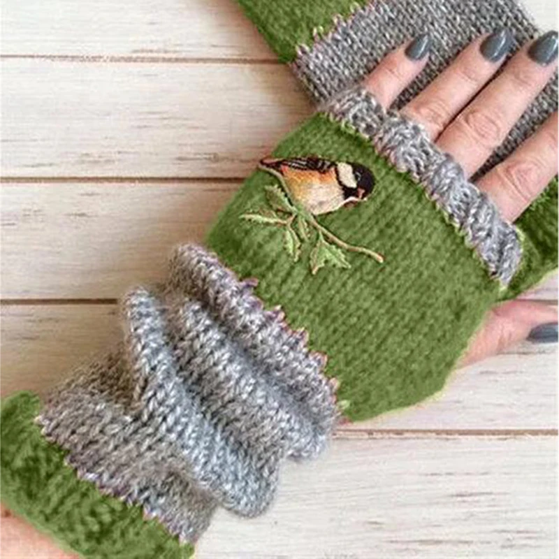 Top Trends: Embroidered Bird Gloves Women's Cotton Fingerless Gloves Knit Block Stitching Mittens Women's Fingerless Gloves A565 Shoppable Styles