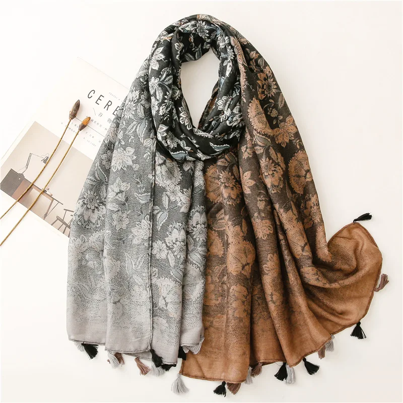 Top Trends: Autumn Fashion Ombre 3-color Aztec Ethnic Floral Tassel Viscose Scarf Lady Gradient Shawls And Wraps Pashmina Stole Muslim Hijab Shoppable Styles