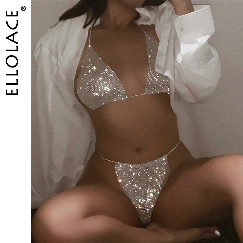 Top Trends: Ellolace Bling Rhinestones Fishnet Bikini Women Halter Bra Sexy Panty 2 Piece Outfits Lady Lingerie Set Sexy Swimwear Women Shoppable Styles