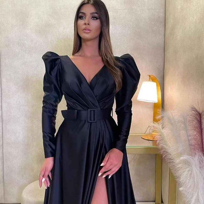 Top Trends: Eightree Black Long Formal Prom Dresses Long Sleeve V-neck Side Slit Satin Plus Size Sexy Evening Party Gowns 2021 Saudi Arabia Shoppable Styles - Image 2