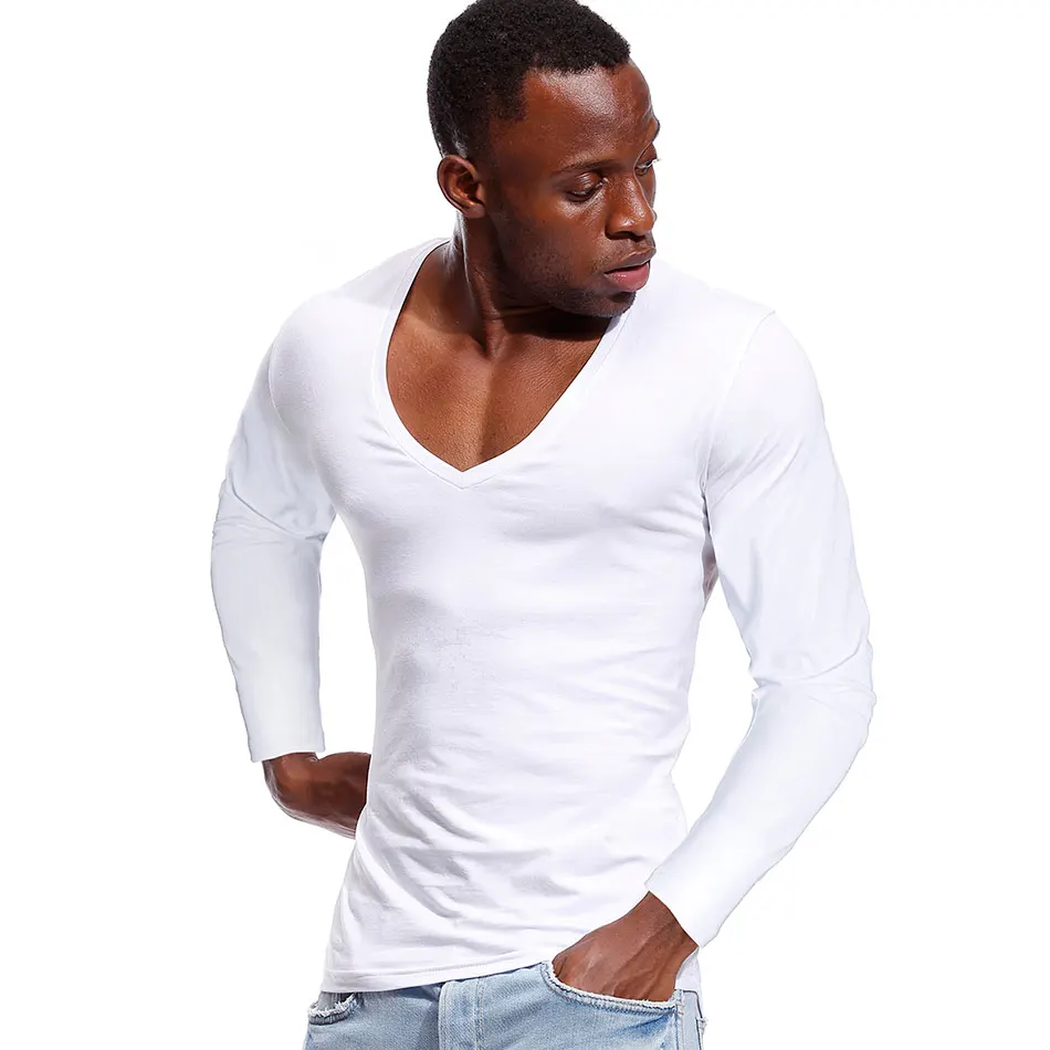 Top Trends: Deep V Neck Tshirt For Men Low Cut Wide Collar Top Tees Male Pure Cotton Slim Fit Long Sleeve Men T Shirt Shoppable Styles