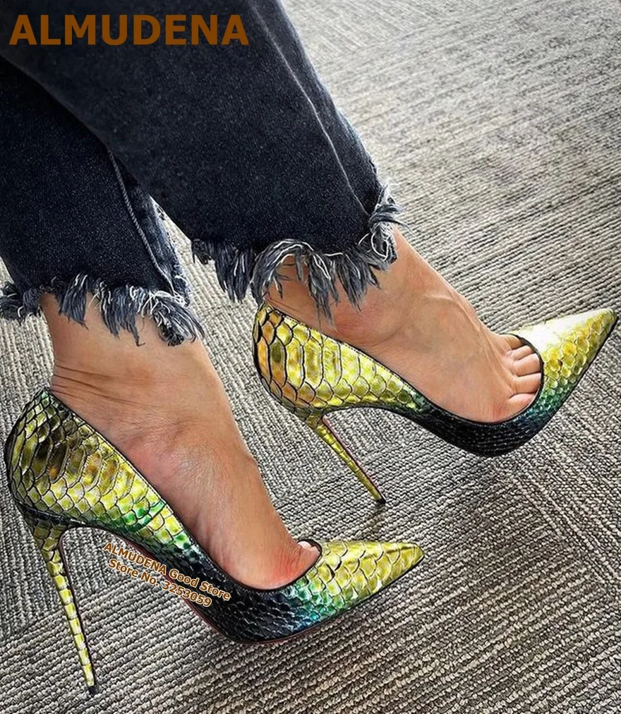 Top Trends: ALMUDENA Yellow Green Gradient Color Snakeskin High Heels Sexy 12cm Thin Heel Pointed Toe Dress Pumps Luxury Banquet Shoes Shoppable Styles