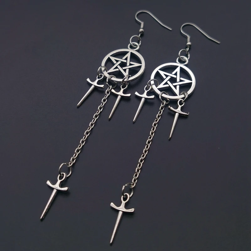 Top Trends: Pentagram Swords Earrings Silver Plated Huggie Hoops Dangle Witchy Jewelry Pagan Wiccan Tarot Gothic Emo Women Gift Shoppable Styles