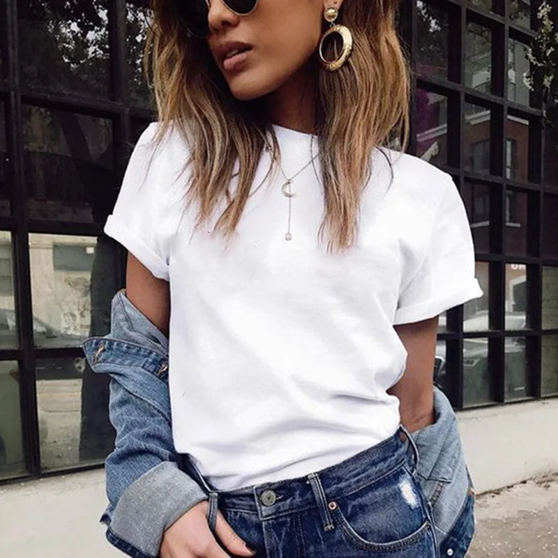 Top Trends: Summer Women Fashion Shirt Solid Color O-Neck Short Sleeve T-shirt Casual Tees Basic Black White Shoppable Styles