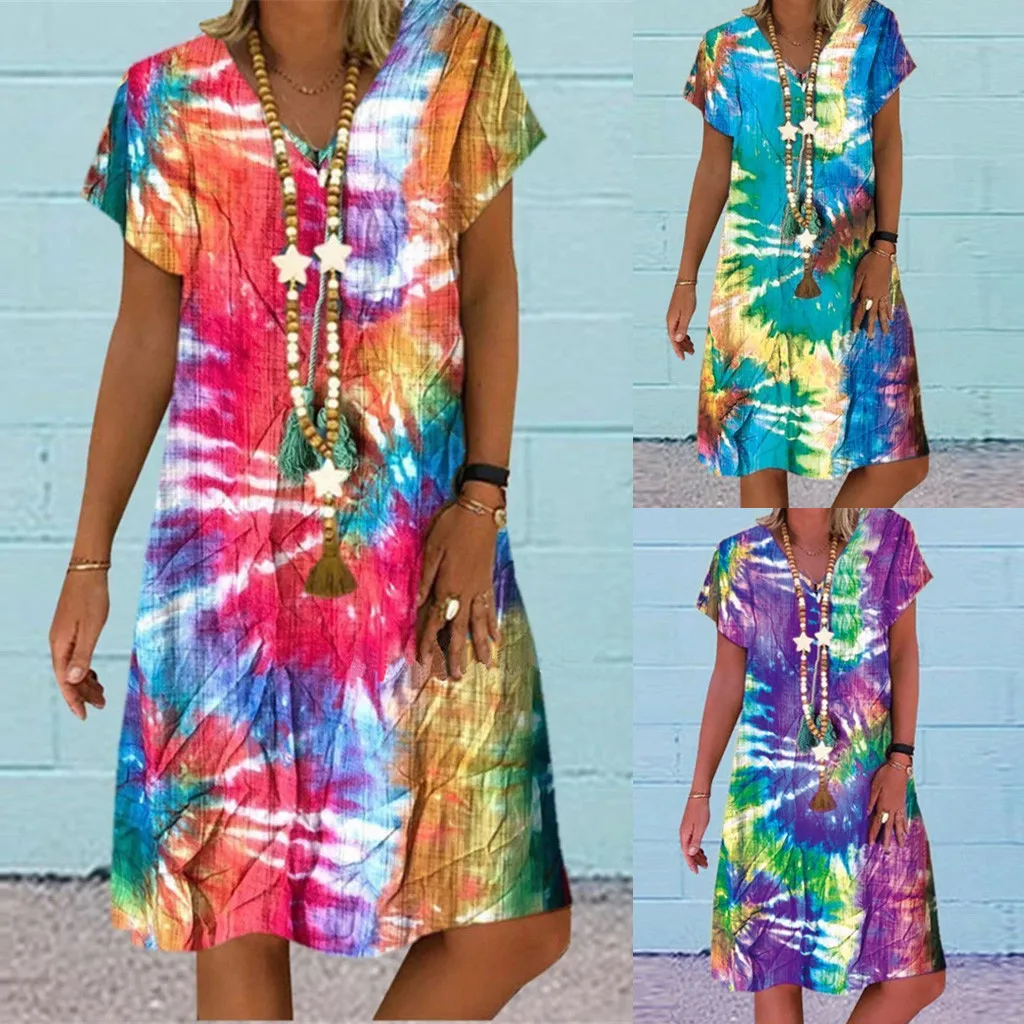 4# Women Plus Size Dress Boho Dress Colorful Print Short Sleeves Boho ...