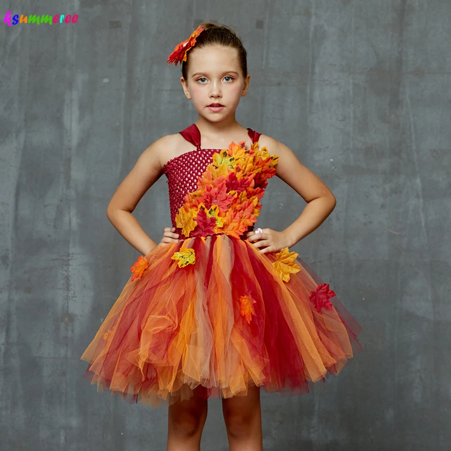 Top Trends: Autumn Fairy Girls Tutu Dress Maple Leaves Kids Tulle Dress With Headband Children Flower Dresses For Halloween Christmas Shoppable Styles