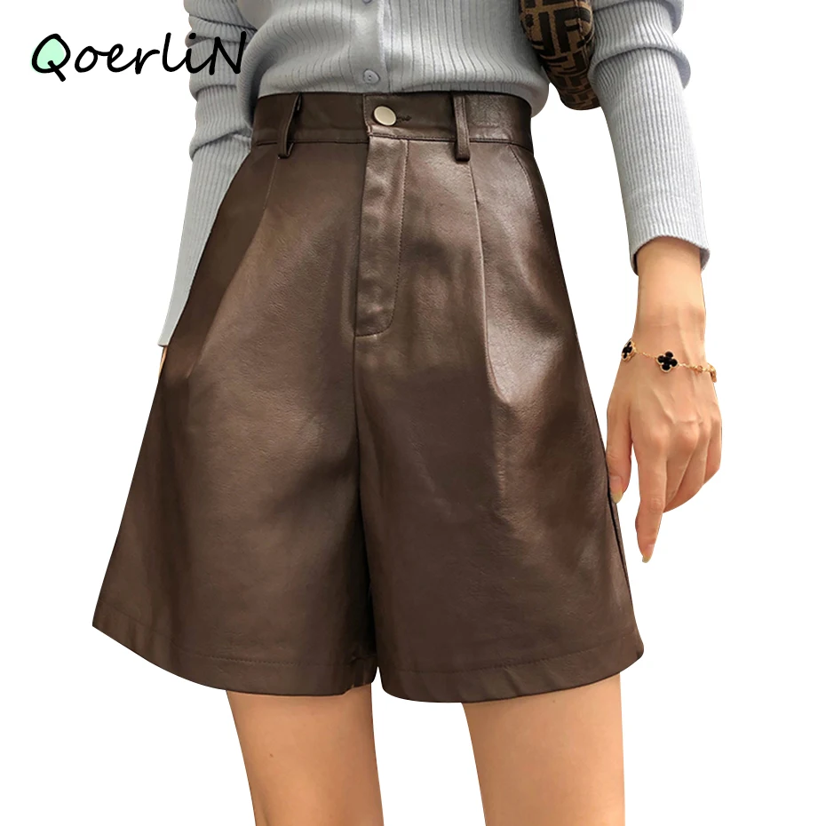 Top Trends: QOERLIN Faux Leather Bermuda Shorts Vintage Chic Imitation PU Shorts Women Fall Winter Wide Leg Loose Casual Shorts Black S-2XL Shoppable Styles