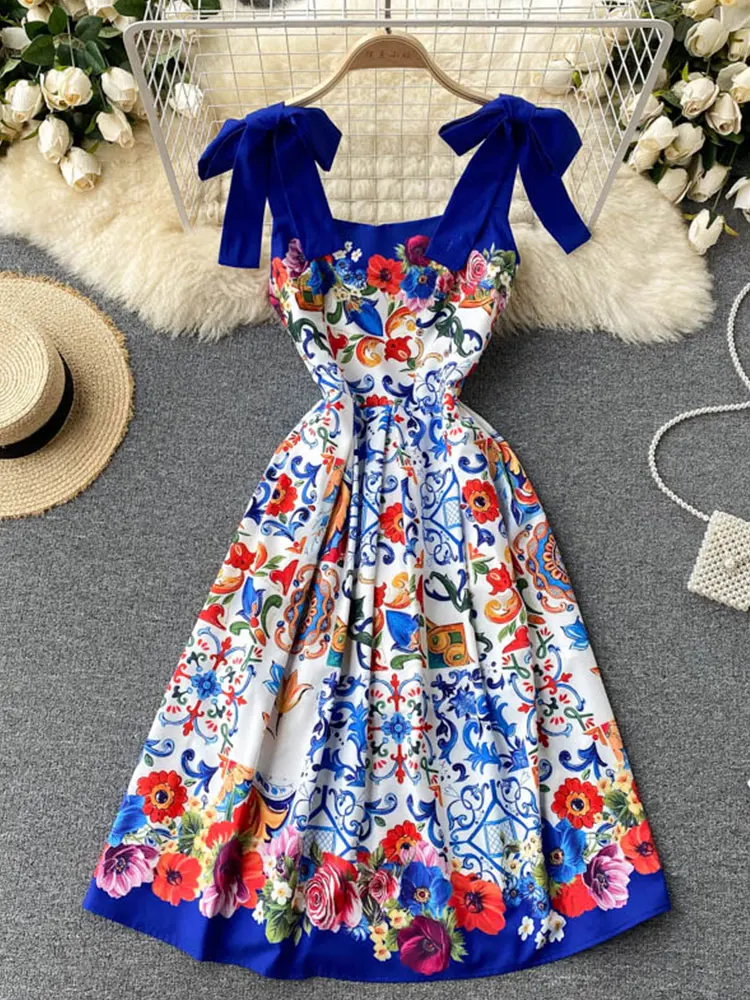 Top Trends: Summer Vacation Beach Dress 2022 Runway Design Women's Spaghetti Strap Sexy Backless Flower Print Slim Dresses Vestidos M67386 Shoppable Styles