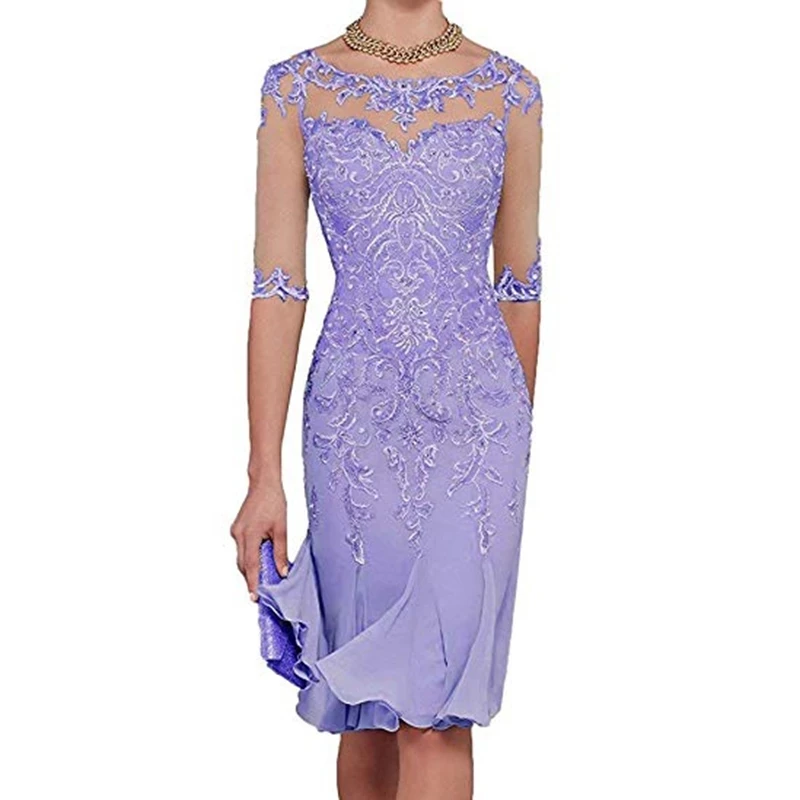 Top Trends: 2021 Latest Lilac Half Sleeves Chiffon Mother Of The Bride Dresses Lace Knee Length Mother Formal Dress Party Dinner Prom Dress Shoppable Styles