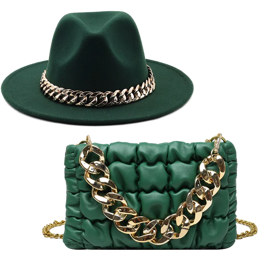 Top Trends: New Luxury Girl Wool Chain Fedora Hat Oversized Chain Accessory Bag Hat For Women Flat Top Hat Latest Two-piece Set шапка Shoppable Styles