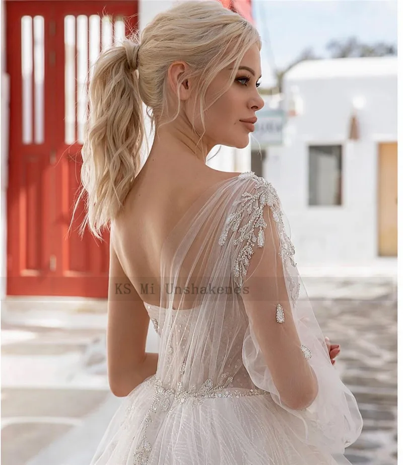 Top Trends: One Shoulder Long Sleeve Wedding Dresses Robe De Mariage Glitter Beads Lace Wedding Gowns Princess Vintage Bridal Dress 2021 Shoppable Styles - Image 3