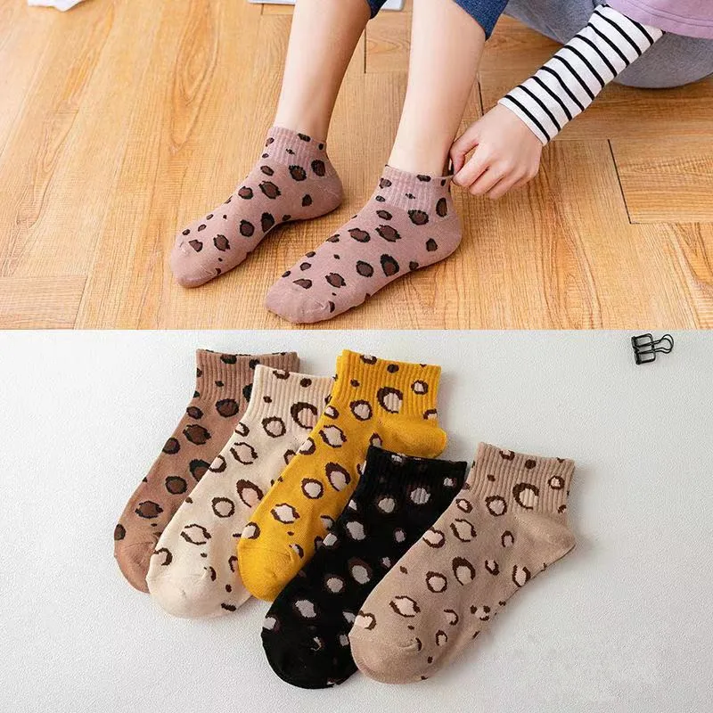 Top Trends: 5 Pairs Cotton Elegant Brown Leopard Funny Women Sneakers Socks Fashion Happy Casual Girls Short Ankle Slipper Sox Spring Autumn Shoppable Styles