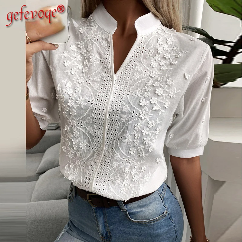 Top Trends: Chic Solid Hollow-out V Neck Lace Blouse Floral Patterns Embroidery Decoration Casual Women Shirt Puff Sleeved Half Cotton Tops Shoppable Styles