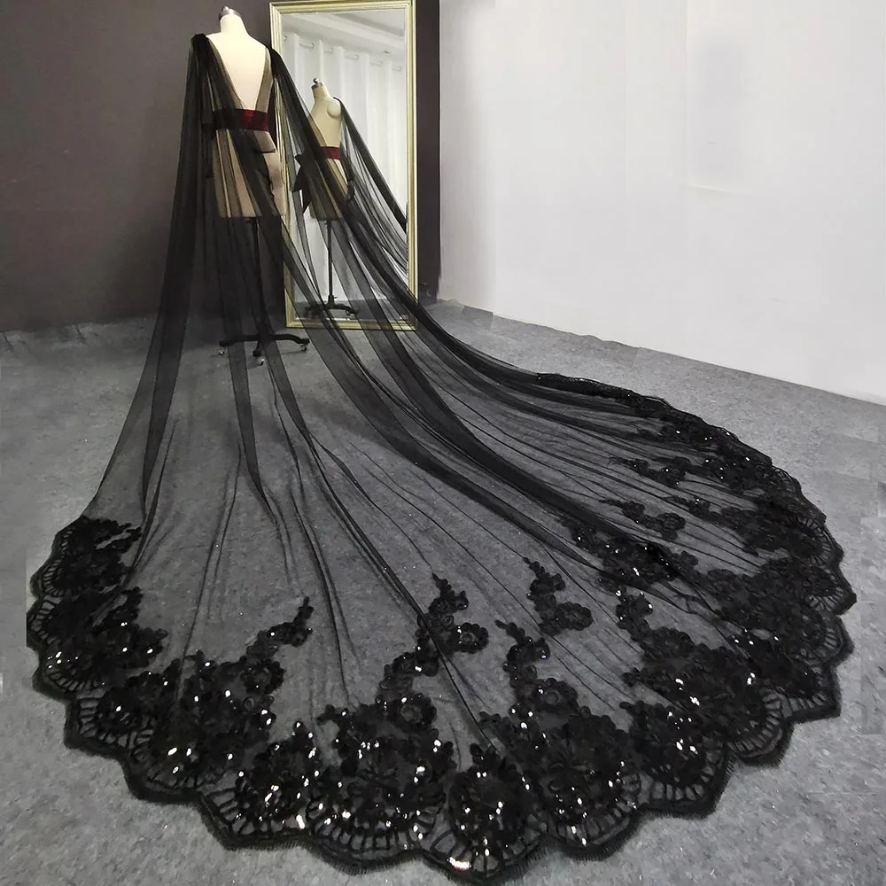 Top Trends: Real Photos Black Long Wedding Boleros Bling Sequins Lace Cathedral Bridal Cape Bolero Mariage Wedding Accessories Shoulder Veil Shoppable Styles - Image 2