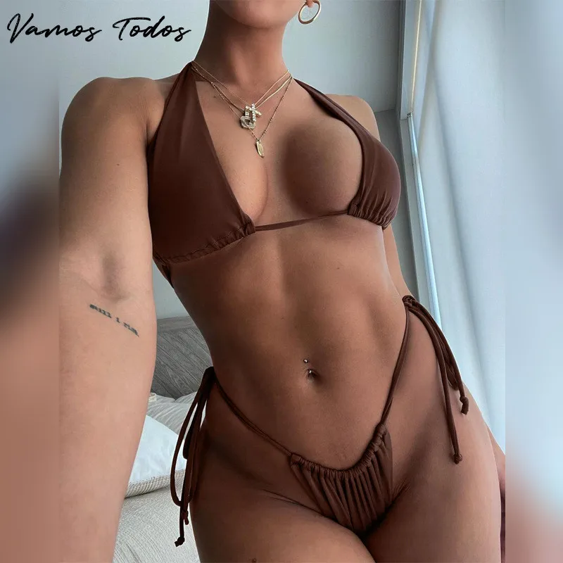 Top Trends: Vamos Todos 2021 Summer Brown String Bikini 2 Piece Set Women Sexy Beach Outfit Bathing Swimming Suit Hot Swimsuit Free Size Shoppable Styles