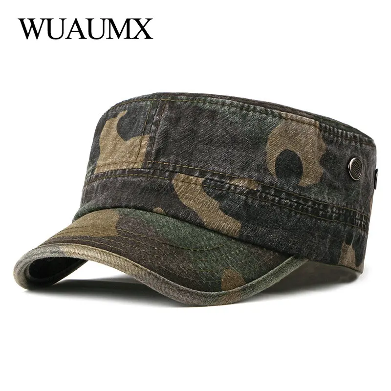 Top Trends: Wuaumx Vintage Camouflage Military Hats For Men Women Spring Summer Flat Top Baseball Caps Washed Outdoor Sailor Patrol Army Cap Shoppable Styles