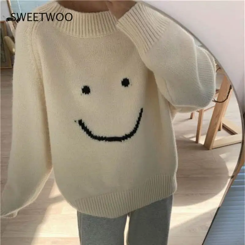 Top Trends: Smiley Print Knitted Sweater Women Kawaii Harajuku Pullover Autumn Winter 2021 Cute Long Sleeve Top Casual White Jumper Shoppable Styles