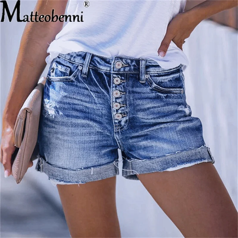 Top Trends: Summer Women Sexy High Waist Jeans Ripped Casual Slim Female Fashion Elastic Blue Buttons Washed Short Denim Shorts Shoppable Styles