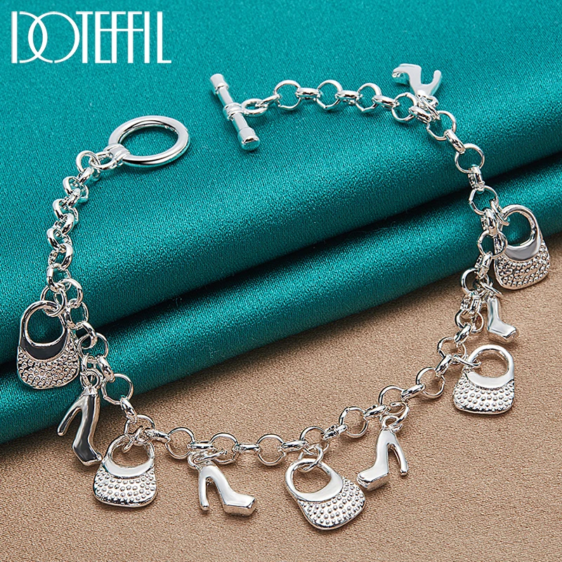 Top Trends: DOTEFFIL 925 Sterling Silver 24K Gold High Heels Bag Pendant Bracelets Chain For Women Charm Wedding Engagement Jewelry Shoppable Styles