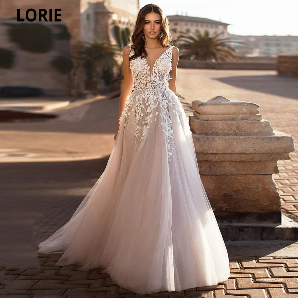 Top Trends: LORIE 2020 Graceful V Neck Beach Wedding Dresses Backless 3D Floral Appliqued Lace Bridal Gowns Tulle Vestido De Novia Plus Size Shoppable Styles