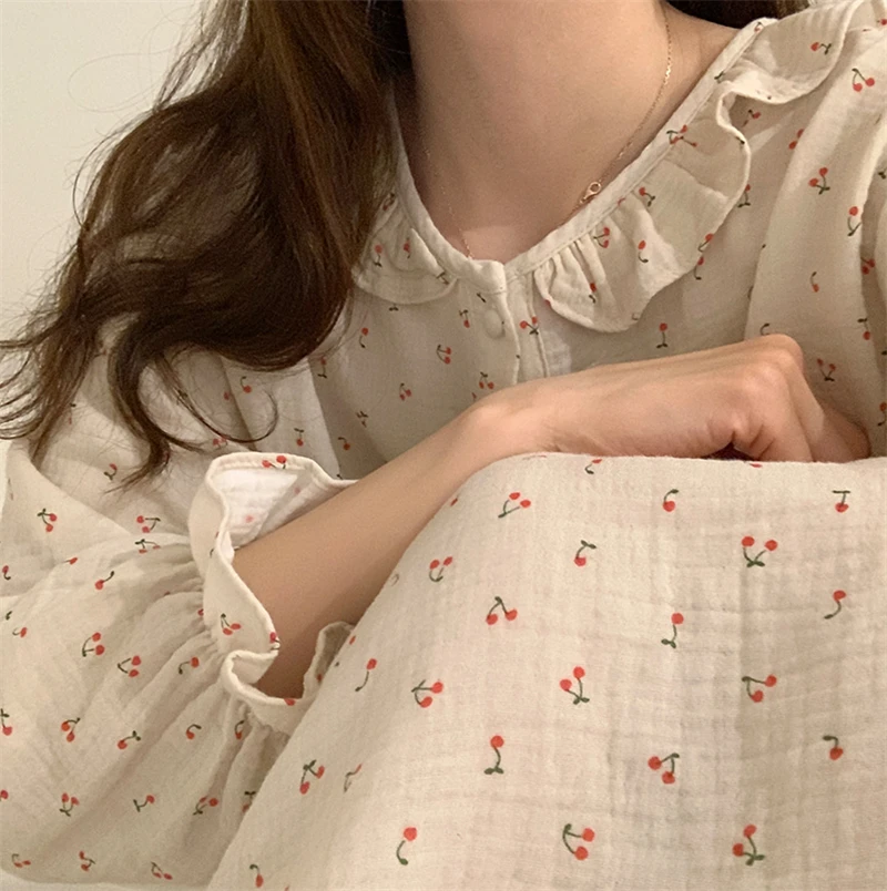 Top Trends: Ruffles Sleep Dress Women Long Sleeve Kawaii Cherry Print Korean Sleepwear Homewear Long Dress Autumn Elegant Casual Loose A001 Shoppable Styles - Image 2