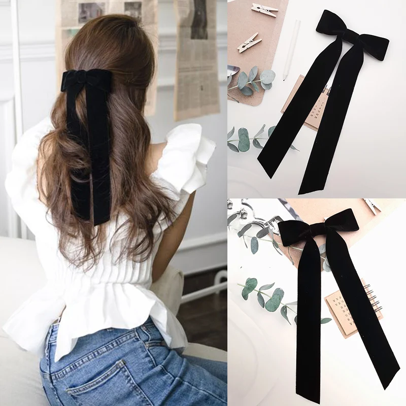 Top Trends: Lystrfac Vintage Black Velvet Bow Hair Clips For Women Long Ribbon Hairpin Simple Top Clip Ladies Hairgrips Hair Accessories Shoppable Styles