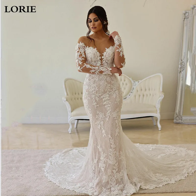 Top Trends: LORIE Boho Lace Wedding Dress Mermaid Illusion Bodice Vestido De Noiva Long Sleeve Sheer Neck Appliques Bridal Gowns 2022 Shoppable Styles