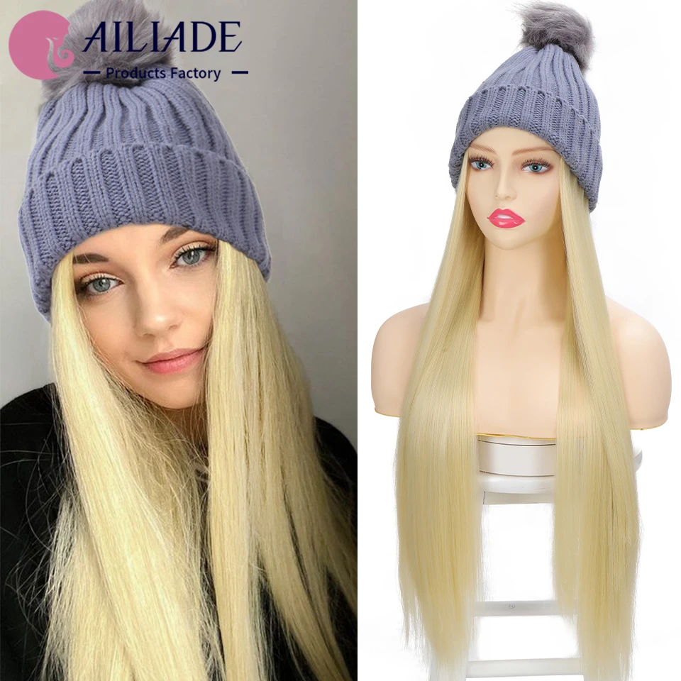 Top Trends: AILIADE Long Straight Synthetic Wig With Hat Autumn Winter Knitted Hat Wig Natural Blonde Black Wigs For Woman Girl Shoppable Styles