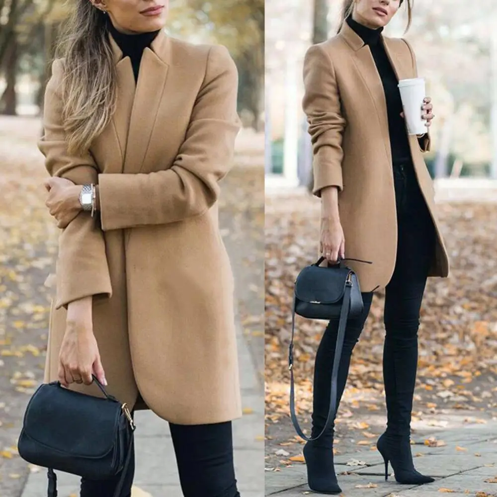 Top Trends: Dropshipping Office Lady Autumn Solid Color Stand Collar Woolen Long Coat Plus Size Cardigan Shoppable Styles