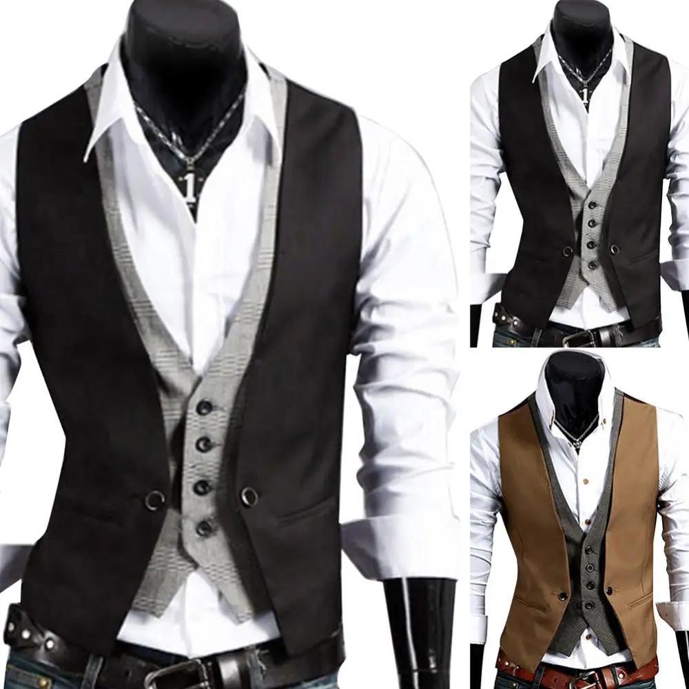 Top Trends: Men Formal Waistcoat Vest Business Solid Color Single Button Vest Gilet Fake Two-pieces V Neck Casual S-lim Chalecos Para Hombre Shoppable Styles - Image 5