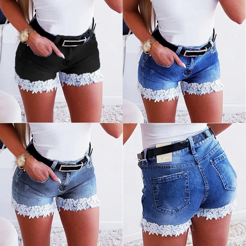 Top Trends: Women Slim Denim Shorts Stretch Lace Stitching Jeans Shorts Ladies Casual Regular Short Shoppable Styles