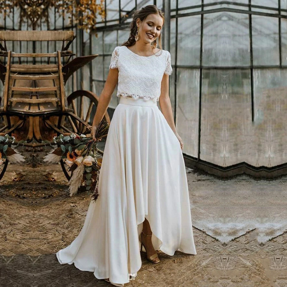 Top Trends: Bohemian Two Pieces Wedding Dresses 2021 Lace Top Short Sleeve Bridal Gown Jewel Neck Beach Wedding Gown Vestidos De Novia Shoppable Styles