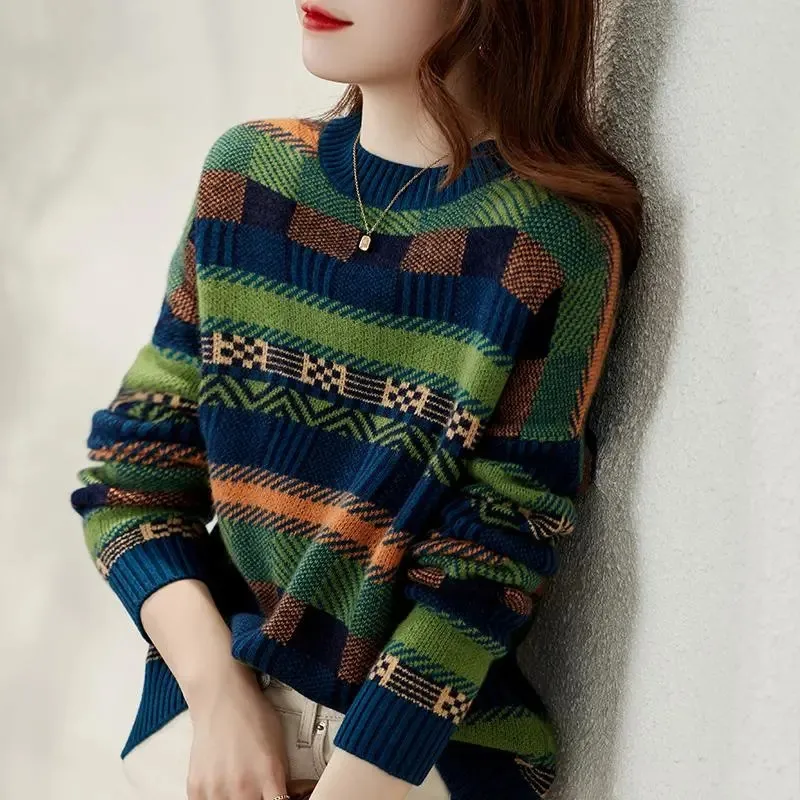 Top Trends: Sweater Autumn Winter New Personality Contrast Color Striped Round Neck Long-sleeved Loose Pullover Knitted Top Women's Clothing Shoppable Styles