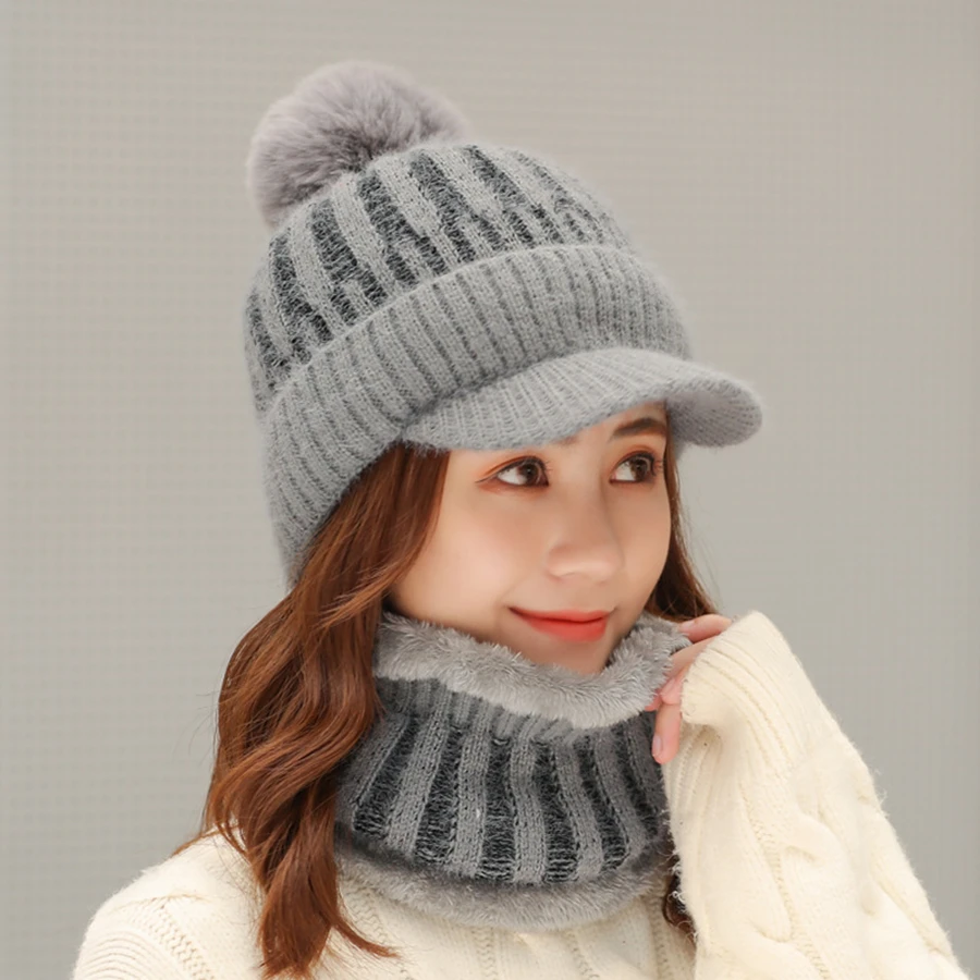 Top Trends: Brand New Winter Visor Hats Women Mixed Color Knit Beanie Skullies Hat Female Thick Velvet Hair Ball Warm Bonnet Caps Bib Set Shoppable Styles