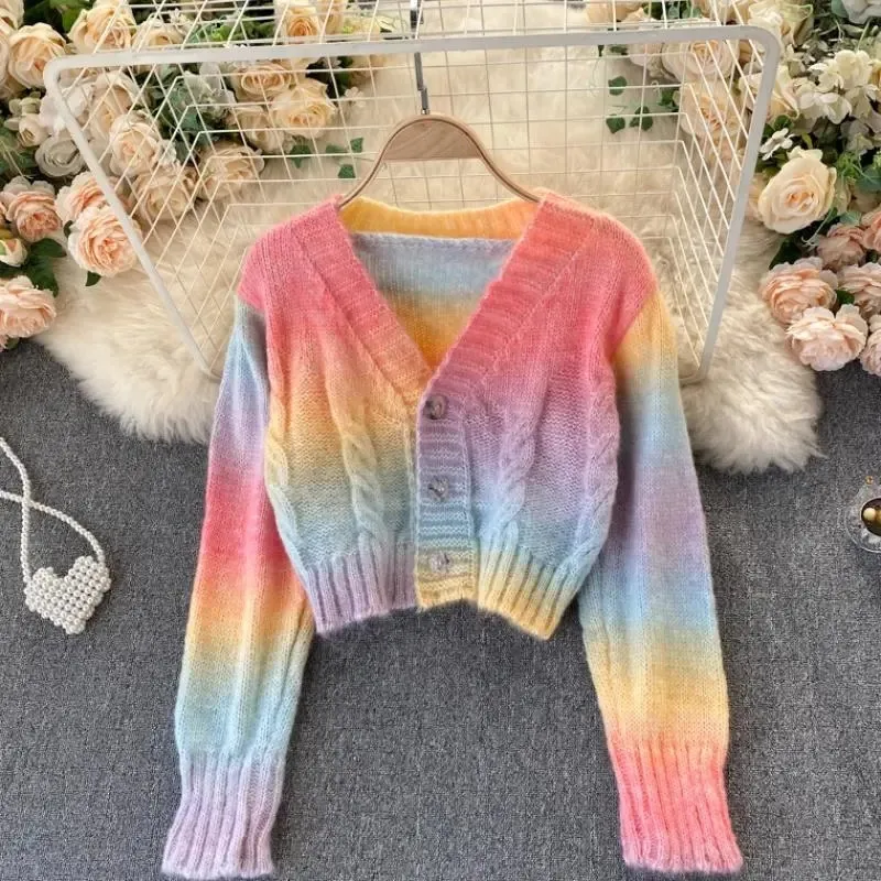 Top Trends: Korean Fashion Rainbow Striped Knitted Cardigan Sweater Women Loose Long-Sleeve V-neck Tie-Dye Tops Ladies Sueters De Mujer Shoppable Styles