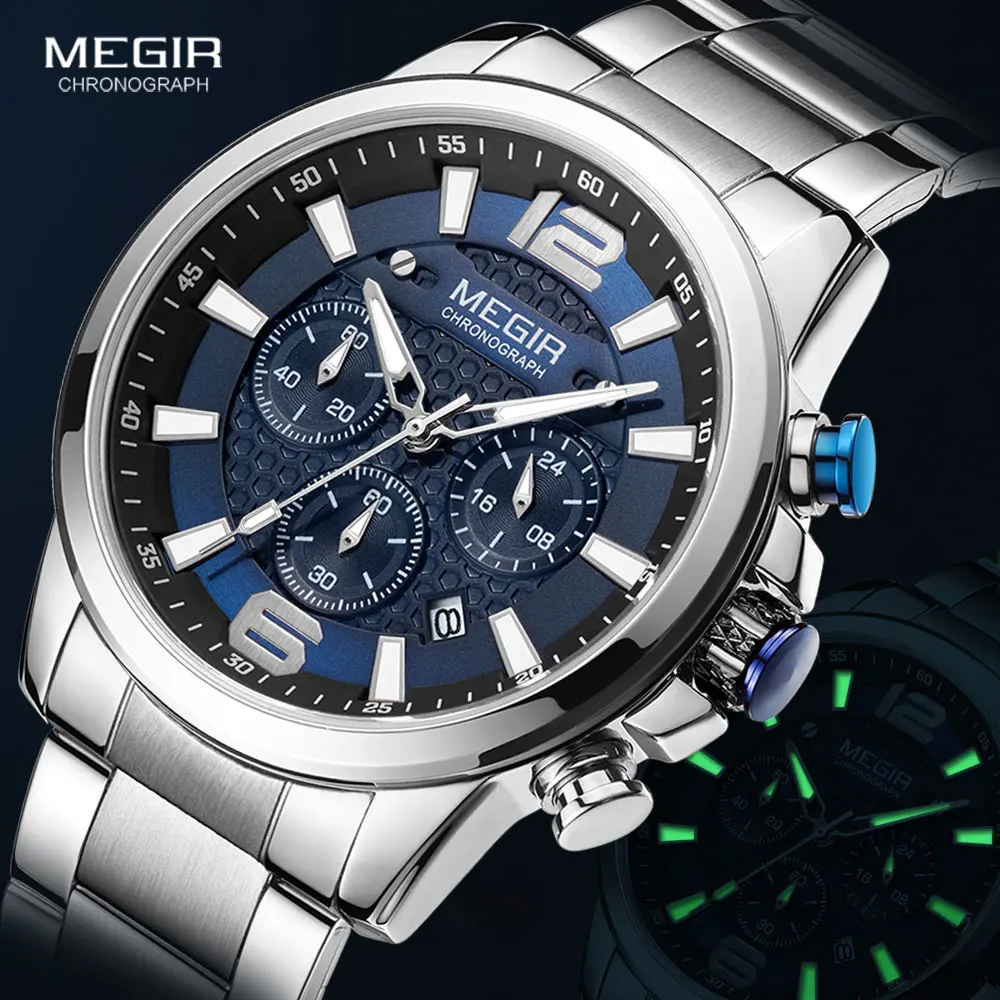 Top Trends: MEGIR 2020 Luxury Watches Men Top Brand Stainless Steel Waterproof Luminous Wristwatch Blue Sports Chronograph Quartz Watch Man Shoppable Styles