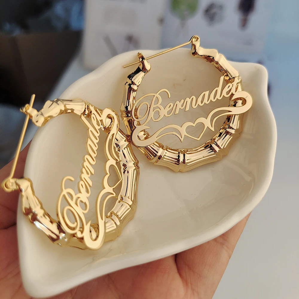 Top Trends: 30mm-100mm Bamboo Earrings Customize Name Earrings Custom Hoop Bamboo Style Personality Earrings With Heart-shaped With Gift Box Shoppable Styles