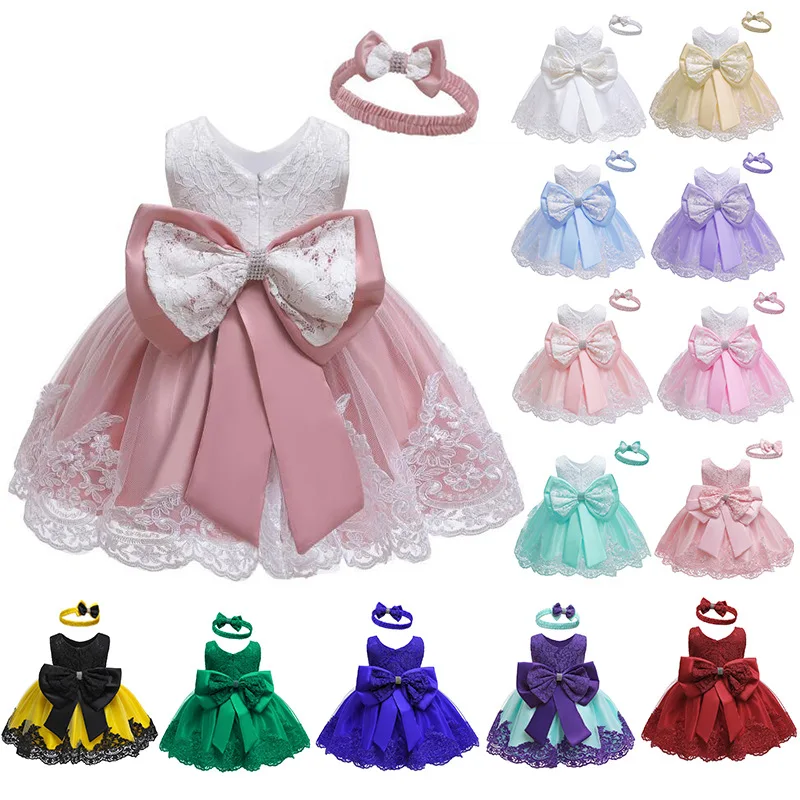 Top Trends: Baby Girls Princess Dress And Hairband 2Pcs Elegant Bow Toddler Girl 1 Years Birthday Party Lace Ball Gown Vestidos Kids Dresses Shoppable Styles