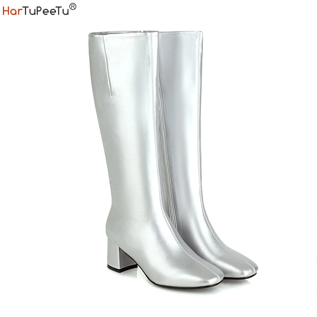 Top Trends: 2023 Autumn Winter Mid Calf Boots Woman White Black Silver PU Leather Riding Boots High Heel Plus Size 18 Footwear Bota Feminina Shoppable Styles