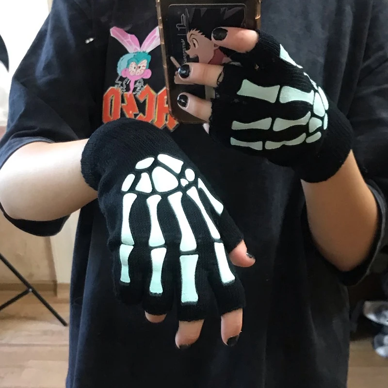 Top Trends: New Punk Gloves Unisex Halloween Skeleton Skull Half Finger Gloves Glow In The Dark Fingerless Stretch Knitted Winter Mittens Shoppable Styles