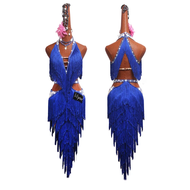 Top Trends: Latin Dance Dress Competition Costumes Skirt Performing Dresses Rhinestones Customize Size Royal Blue Fringed Embroidered Shoppable Styles