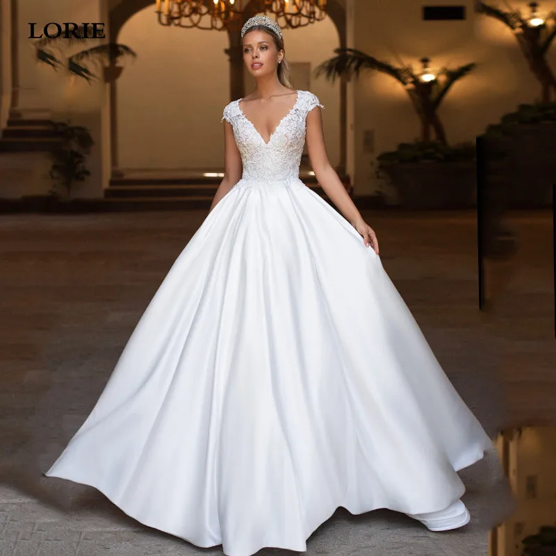 Top Trends: LORIE Satin Wedding Dresses Cap Sleeve Sexy V Neck Boho Bride Dresses Princess Wedding Gown Vestido De Novia Shoppable Styles