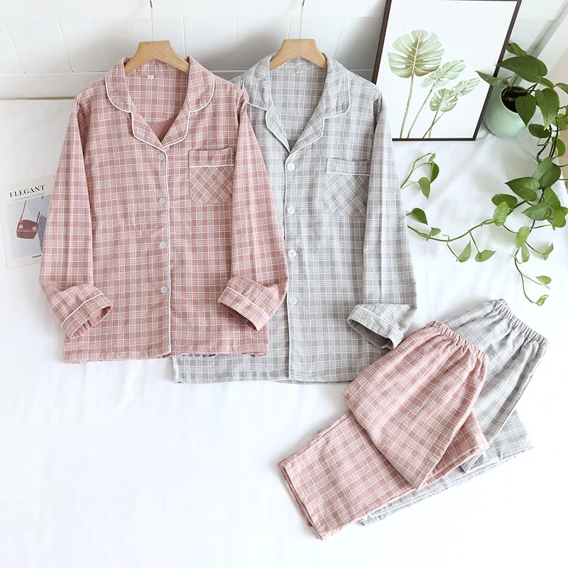 Top Trends: New Spring And Autumn Couple Pajamas Long-sleeved Trousers 100% Cotton Brushed Plaid Two-piece Home Service For Men And Women Shoppable Styles